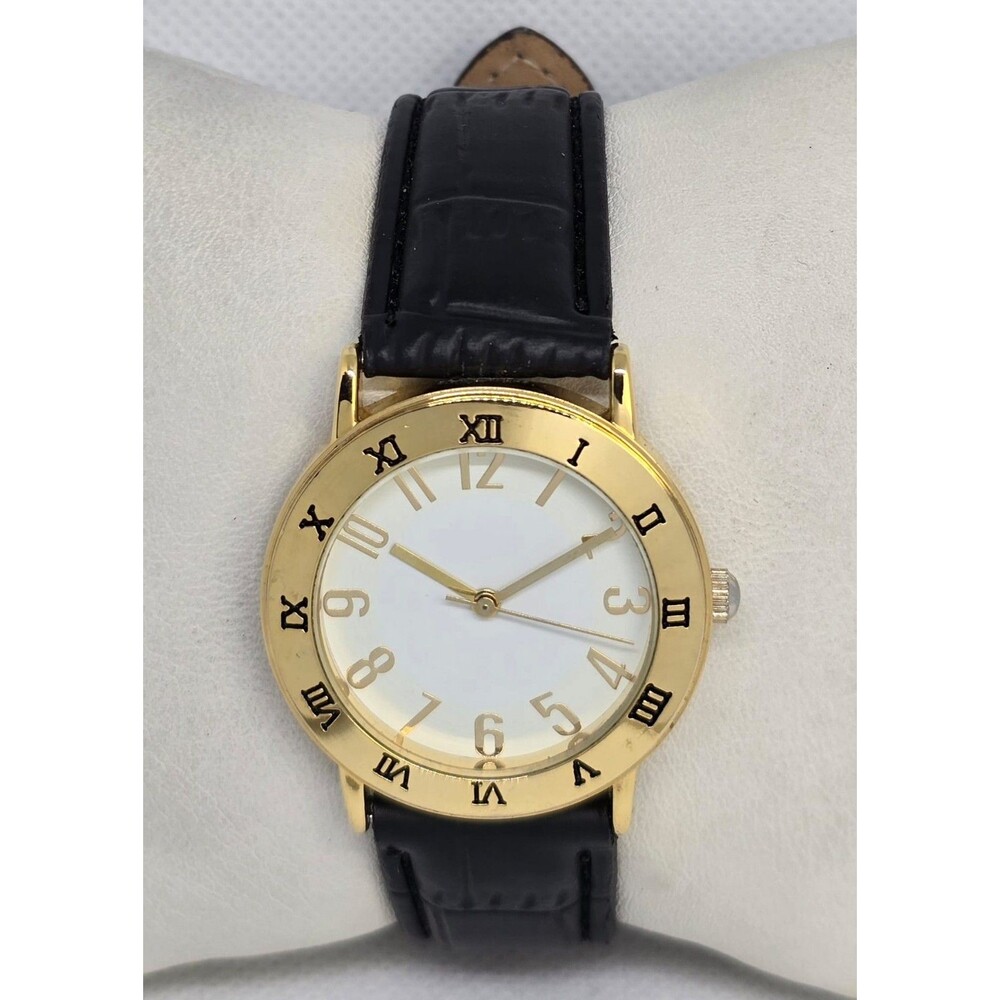 Unisex Roman Numerals Round White Dial Gold Tone Black Leather Strap Watch 05